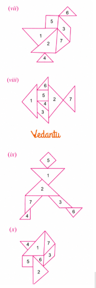 Rearrange the seven tans in different positions and orientations to form each of the required figures. The pieces should fit together without overlapping or leaving unwanted gaps.
