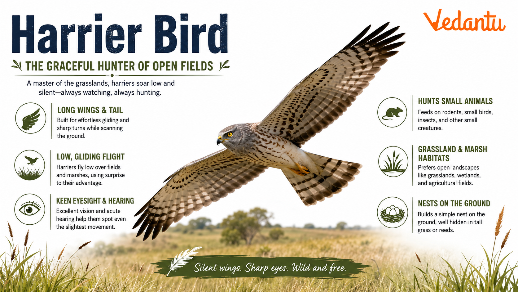 Harrier Bird flying low over grassland habitat