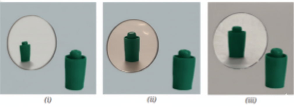 In the Figure, the cap of a sketch pen is placed in front of three types of mirrors.
