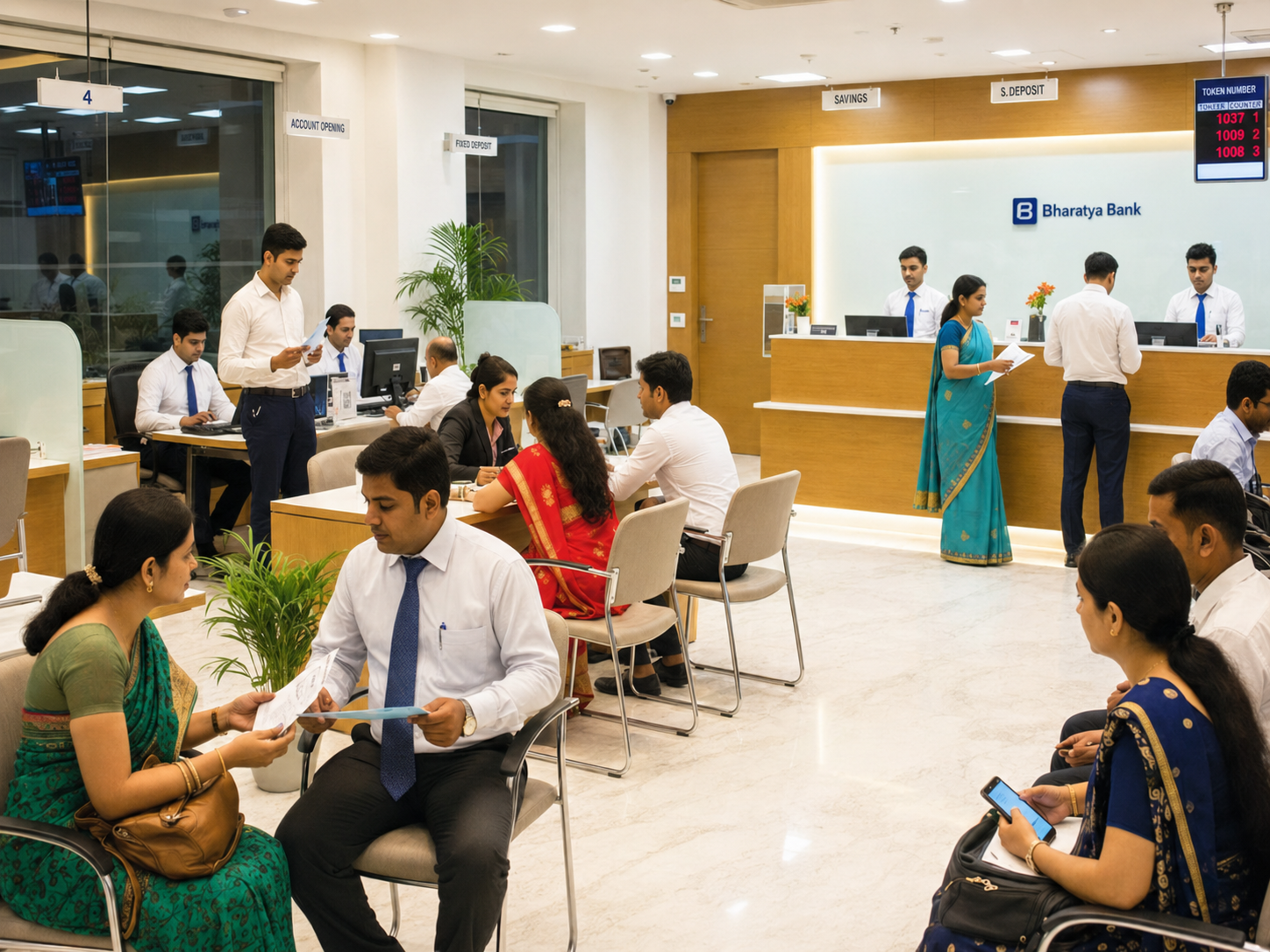 This picture is from a bank. What do you think the people are doing? Ask your family members if they have visited a bank and learn more about the activities there.