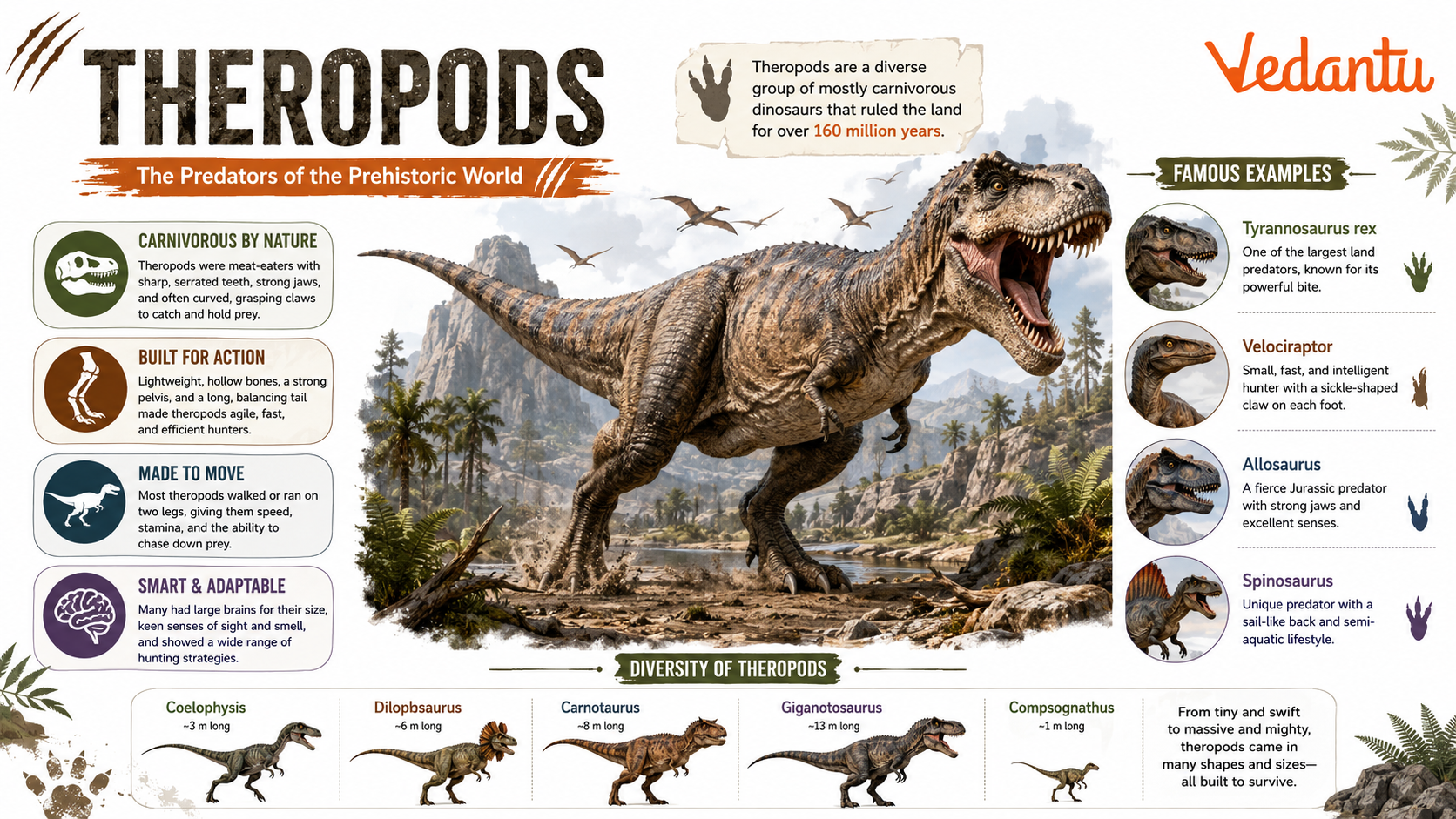 Theropods dinosaur illustration showing two-legged carnivorous dinosaur