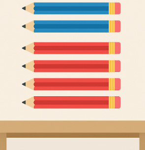 There are 2 blue pencils and 4 red pencils. In total, there are 6 pencils