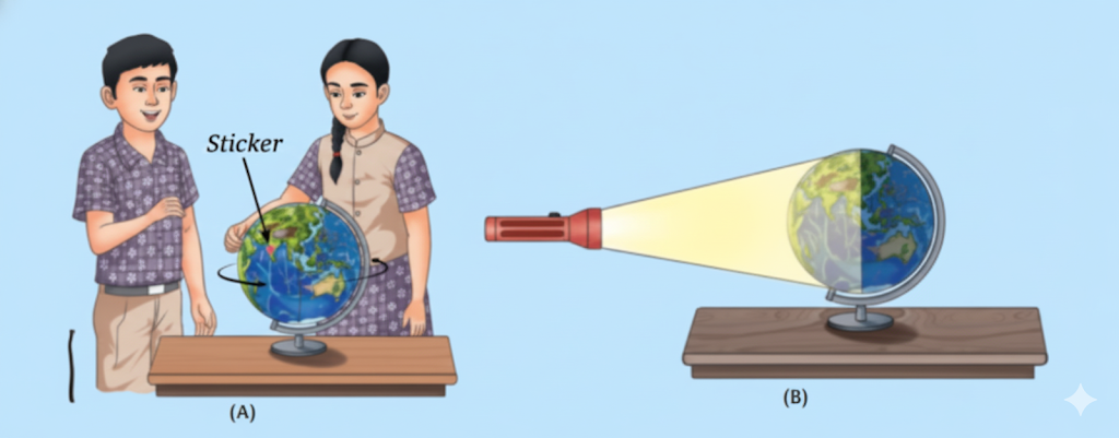 Activity 12.2 Fig. (a): Using a globe to understand rotation of the Earth, (b): Using a globe and a torchlight to understand day and night