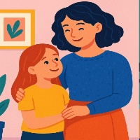 The girl is standing next to her mother