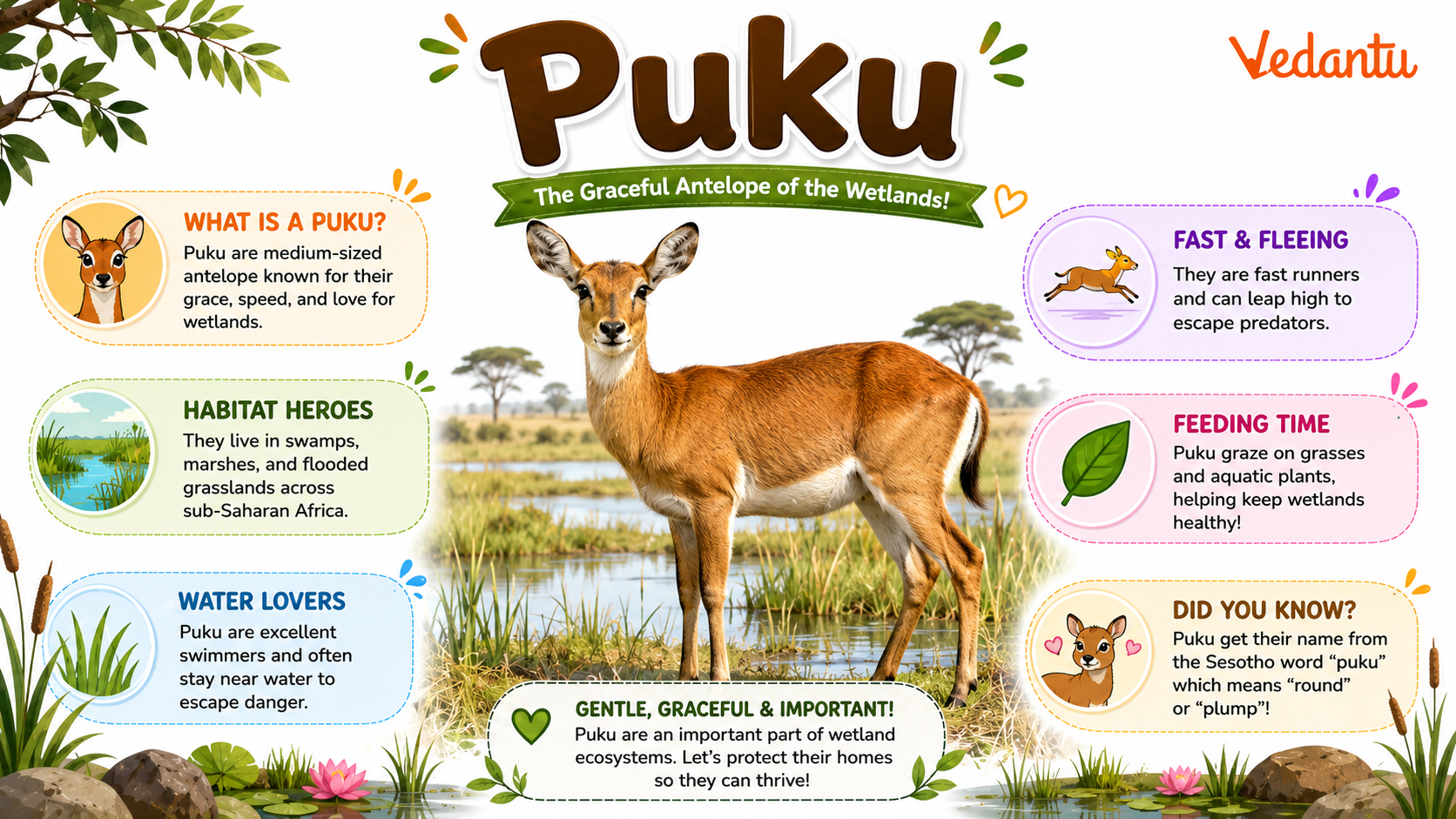 Puku antelope standing in grassy wetland habitat
