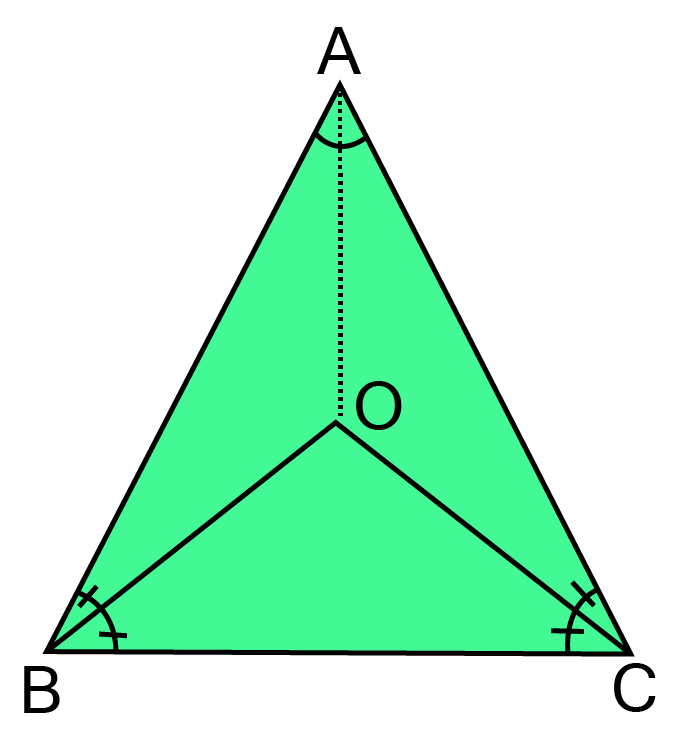 An isosceles triangle ABC, with AB = AC, the bisectors of B and C intersect each other at O