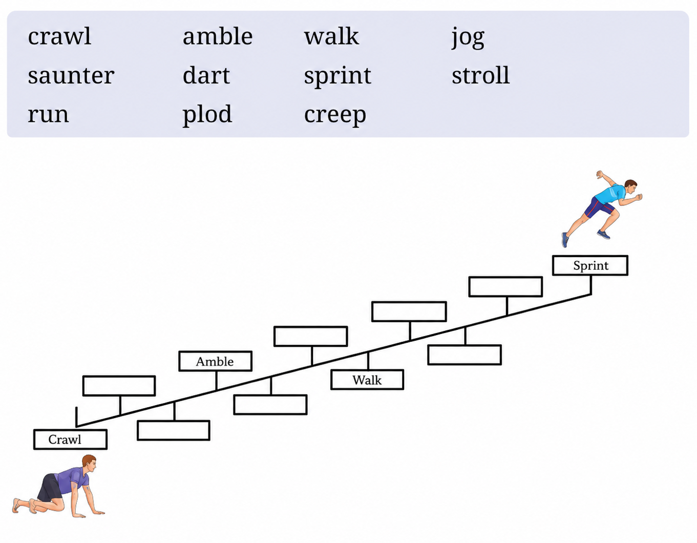 Arrange them on the word cline in increasing order of pace from the slowest to the fastest. Some examples have been done for you.png