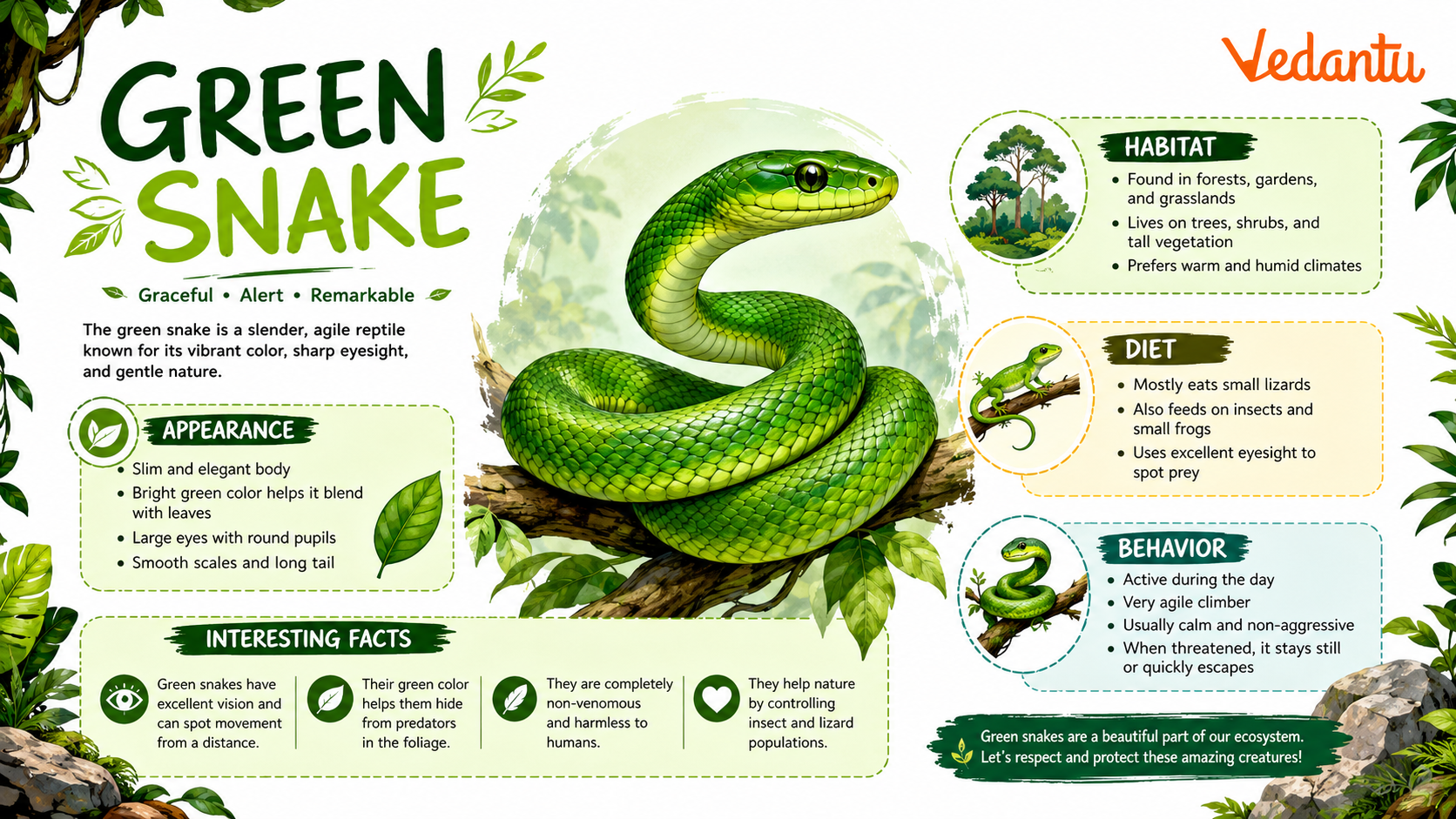 Green Snake resting on a branch showing its bright green body
