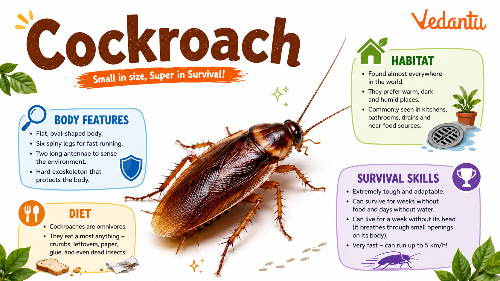 Cockroach insect close view showing body segments and antennae