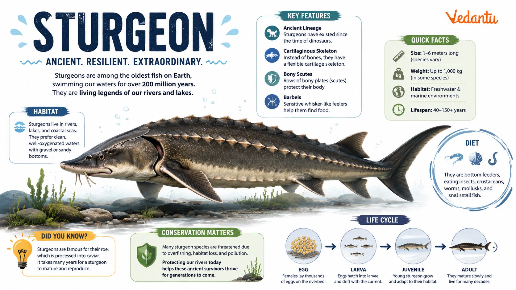 Sturgeon fish with long body and bony plates
