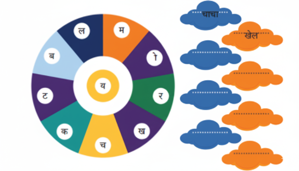नीचे पहिए में कुछ वर्ण और मात्राएँ दी गई हैं। इनका प्रयोग करते हुए नए-नए शब्द बनाइए, जैसे- चाचा, खेल आदि । वर्णों और मात्राओं का प्रयोग एक से अधिक बार किया जा सकता है.
