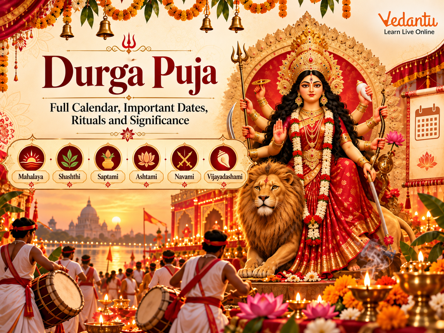 Durga Puja 2026 calendar with Mahalaya, Shashthi, Saptami, Ashtami, Navami and Vijayadashami dates.
