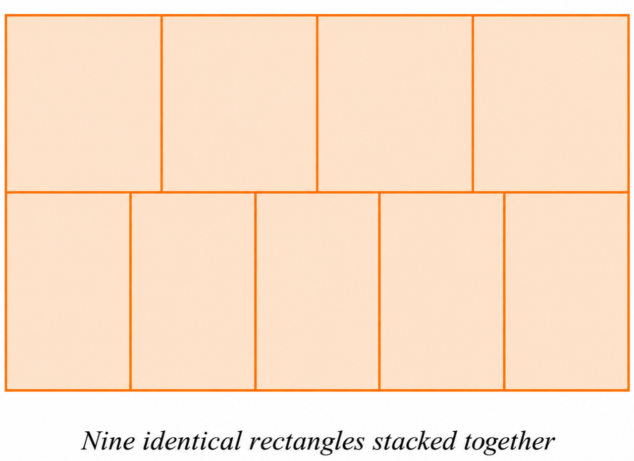The figure shows nine identical rectangles fitted together to make a large rectangle whose area.png