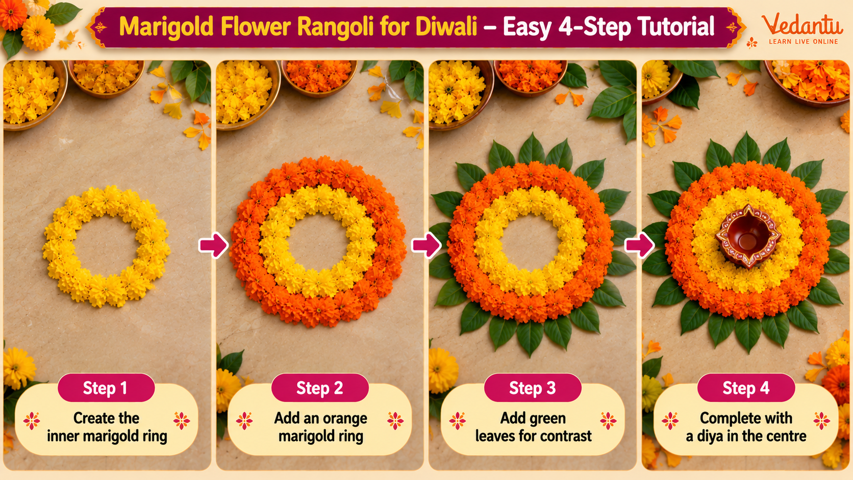 Attractive Rangoli Design with Marigold Flowers