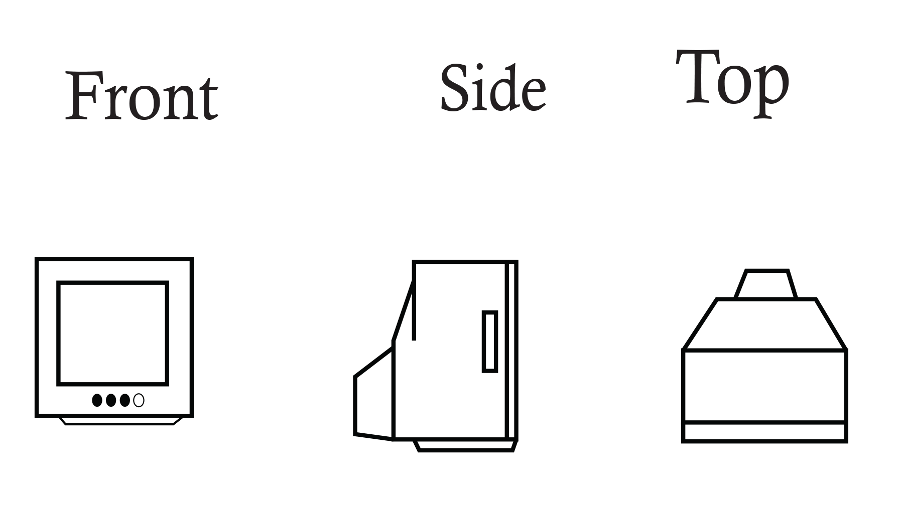 Front, Side, and Top view of a TV