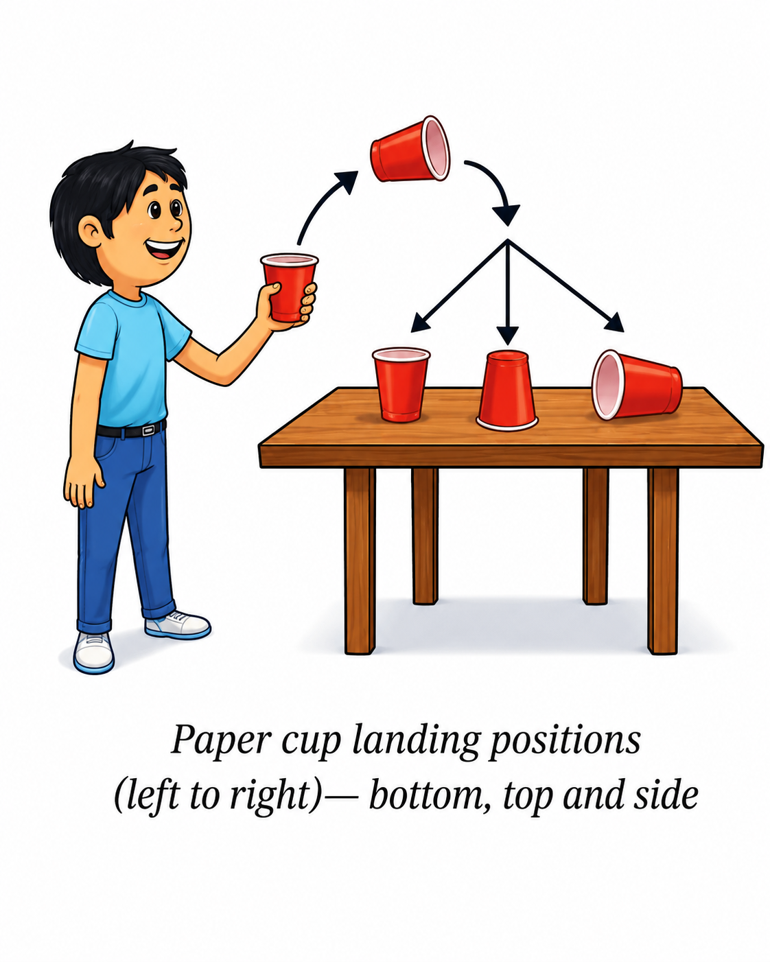 Toss a paper cup into the air 100 times. After each toss, record whether the cup lands on its bottom, upside down on its top or on its side (See Fig. 7.5).png