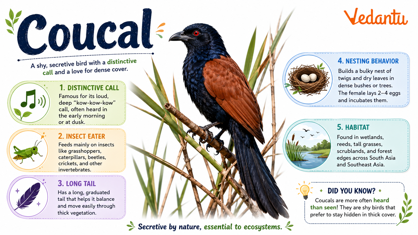 Coucal bird with long tail and dark body