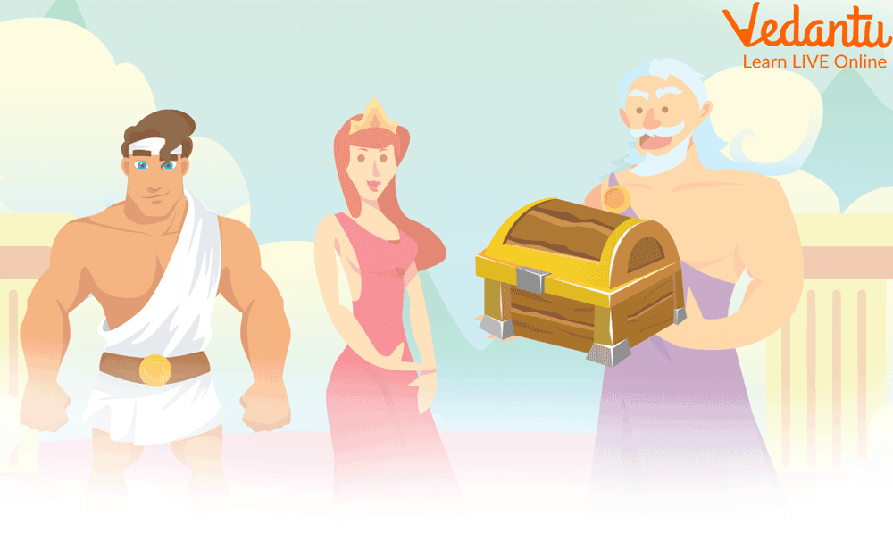 Zeus gifting the box to Pandora and Epimetheus