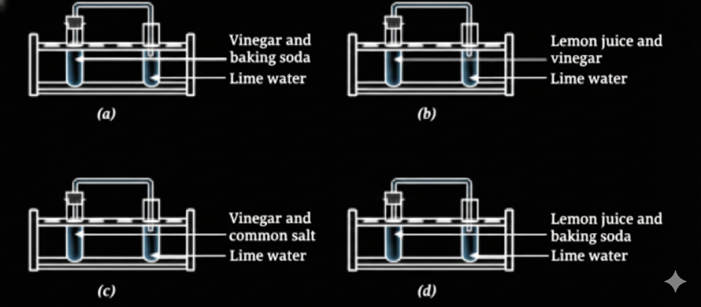 In Figure (a), vinegar reacts with baking soda to produce carbon dioxide gas. This gas passes through the straw into the test tube containing lime water, where it reacts to form calcium carbonate. The formation of this white solid makes the lime water turn milky