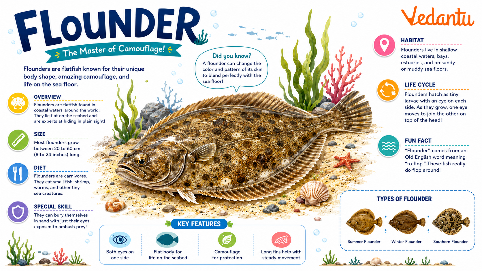 Flounder fish lying flat on ocean floor