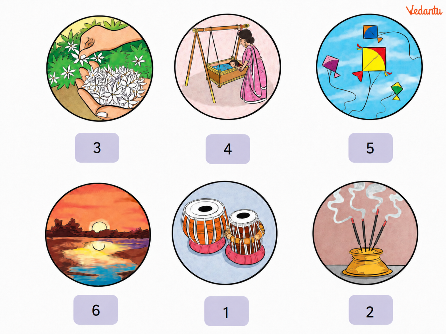 Write numbers against each picture with the phrases that describe them with their sensorial associations. answer.png