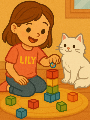 Lily is playing with her fluffy cat