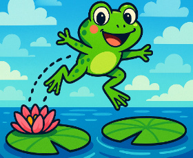 The frog is jumping on a lily pad