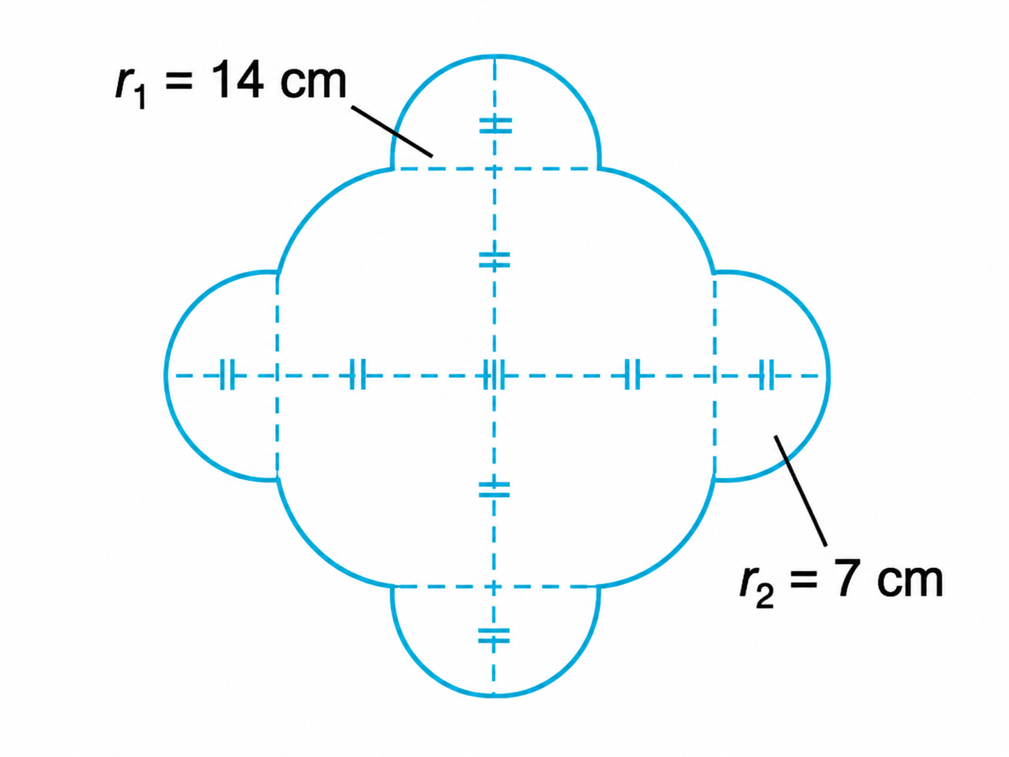 The boundary consists of four quadrants of radius 14 cm and four semicircles of radius 7 cm.png