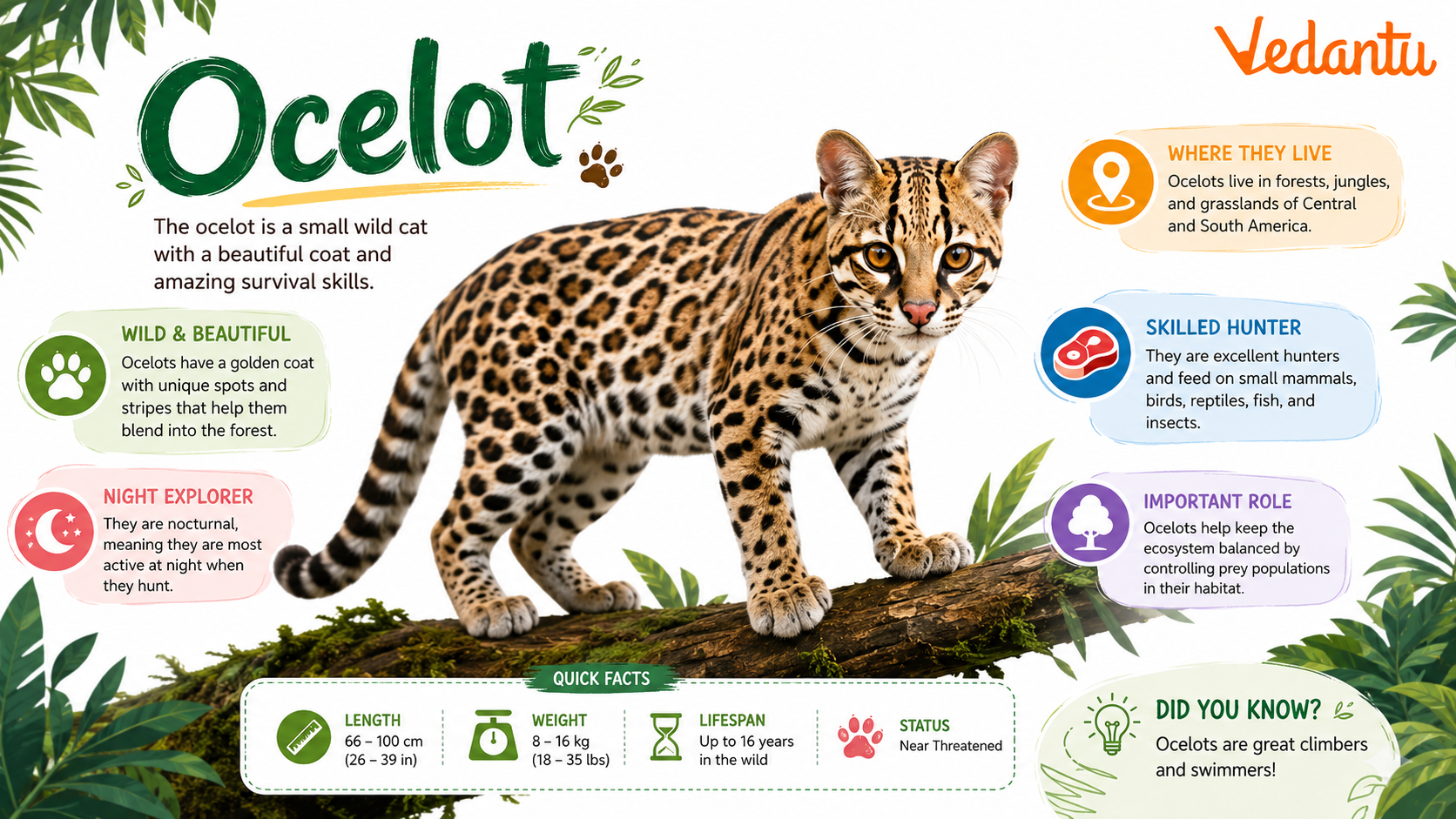 Ocelot wild cat with golden spotted fur in forest habitat