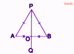 Diagram showing points A and B joined by line segment AB with midpoint O, and a perpendicular line PQ passing through O. A point P on the perpendicular bisector is connected to A and B, illustrating that PA = PB.