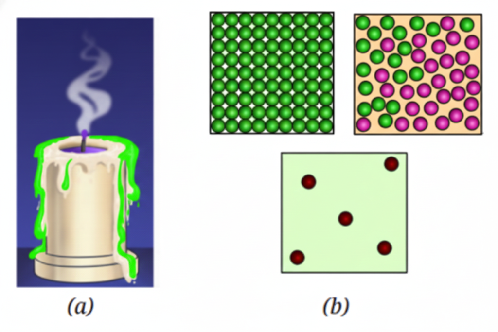 igure (A), which shows the image of a candle that was just extinguished after burning for some time and figure B, showing the arrangement of particles