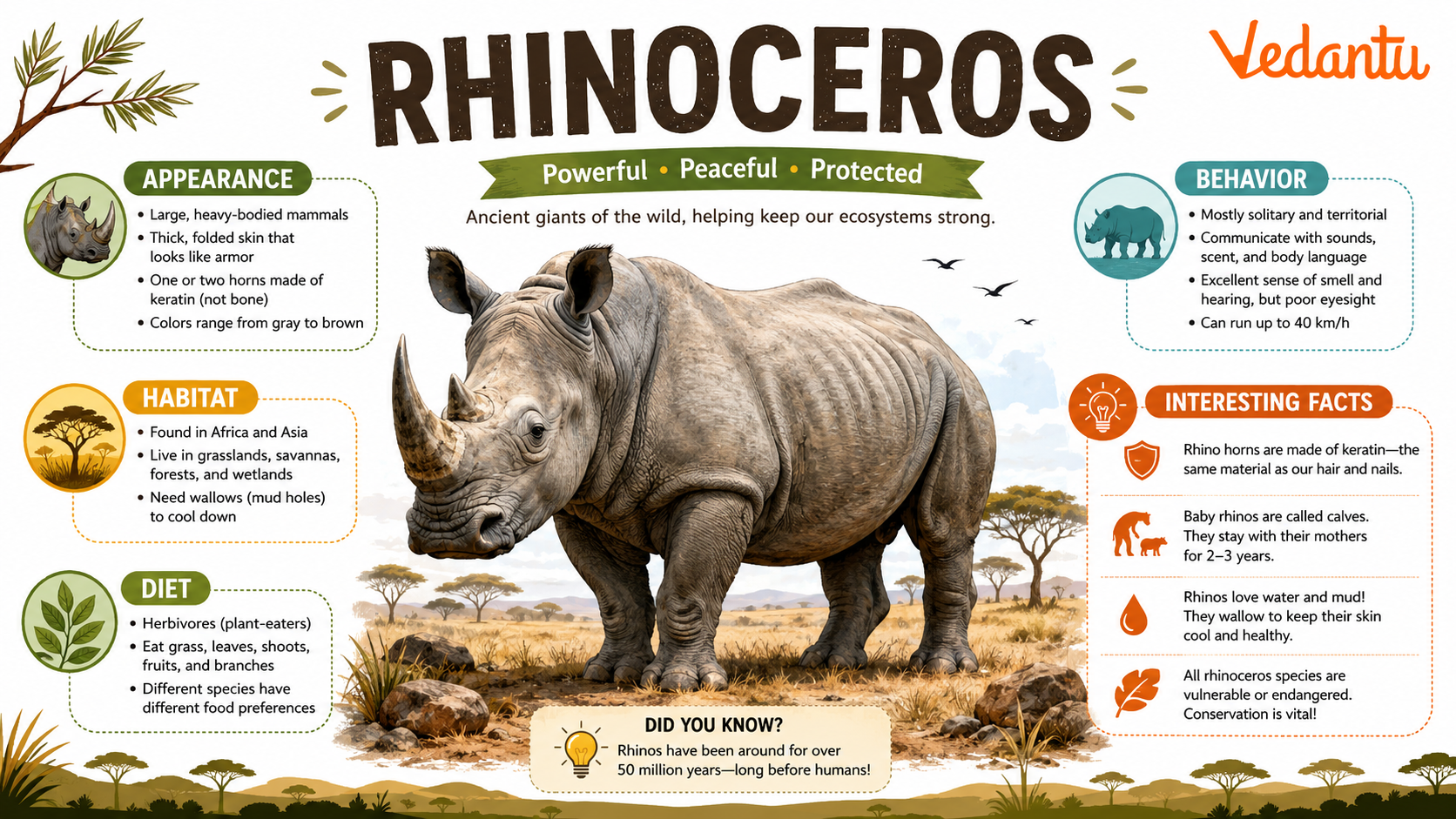 Rhinoceros large horned mammal with thick skin standing in grassland habitat