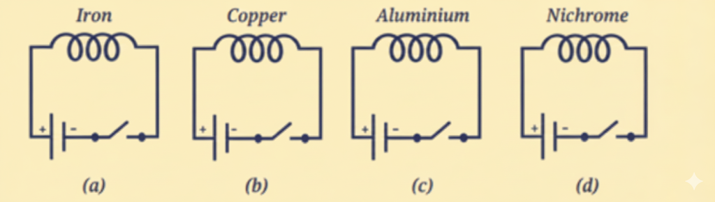 four coils made up from iron, copper, aluminium, and nichrome