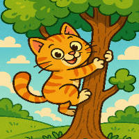 The cat climbs the tree