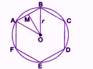 A regular hexagon is inscribed in a circle of radius r. Find the length of the sides of the hexagon and the distance of each side from the centre of the circle.png