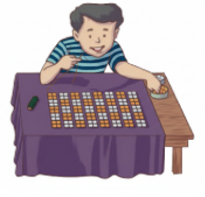 urya is making a patch work with beads of two colours as shown in the picture. How many beads has he used. How many each of golden colour beads and white colour beads has he used in making this patch work.