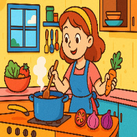 Mom Cooks food in the kitchen