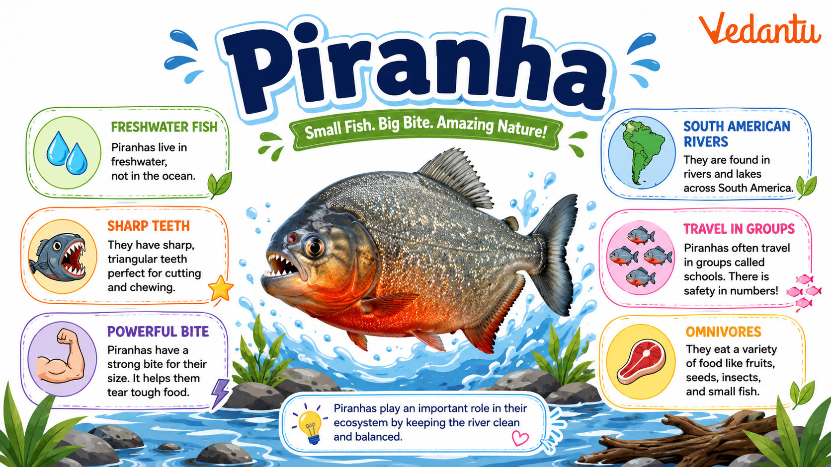 Piranha fish with sharp teeth in freshwater habitat
