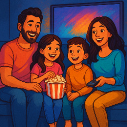 The family is watching a movie
