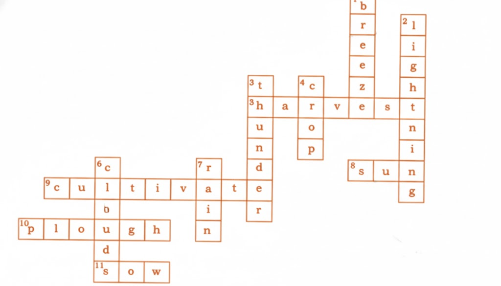 Solve a crossword using picture and word clues. All clues are related to the words from the text that are connected to weather or agriculture.