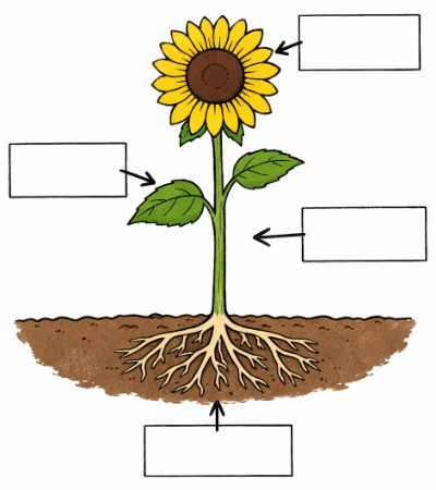 An image of a simple plant like a sunflower. It has roots in the soil, a stem, a few leaves, and a large flower at the top. There are four empty boxes with arrows pointing to the flower, a leaf, the stem, and the roots