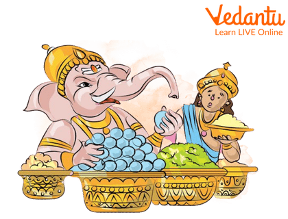 Ganesha asking for more food from lord Kubera