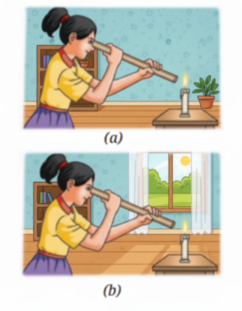 Viewing candle flame through, (a) a straight pipe (b) a bent pipe