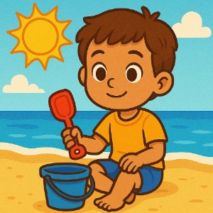 Leo has a bucket and a shovel. He is wearing his swimming shorts. The sun is shining brightly, and he is sitting on warm sand near the water