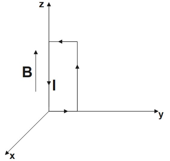 A rectangular current carrying loop placed in a y-z plane with magnetic field in z-direction.