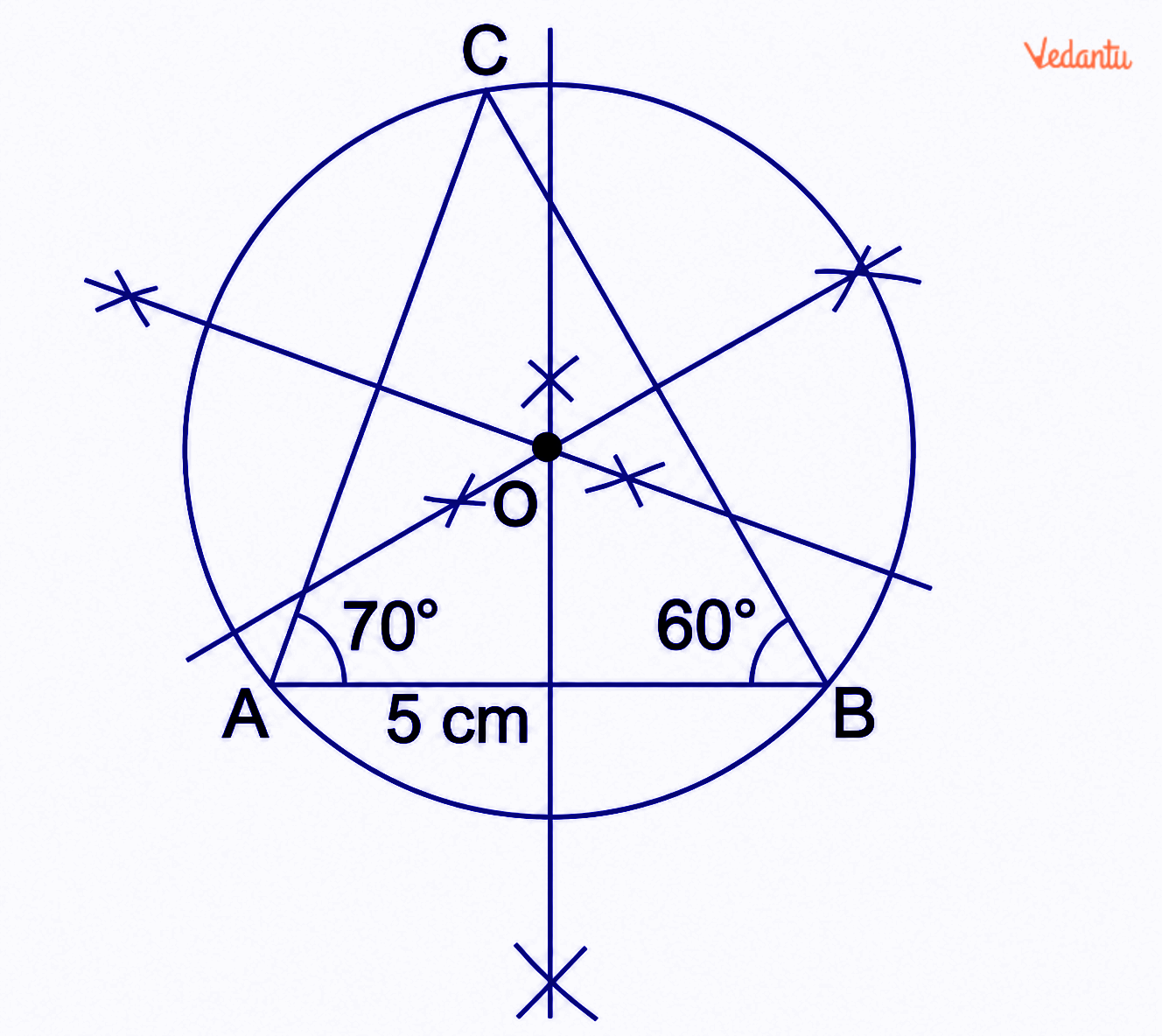 Diagram showing triangle ABC with AB = 5 cm, ∠A = 70° and ∠B = 60°, its perpendicular bisectors intersecting at circumcentre O inside the triangle, and the circumcircle passing through vertices A, B and C