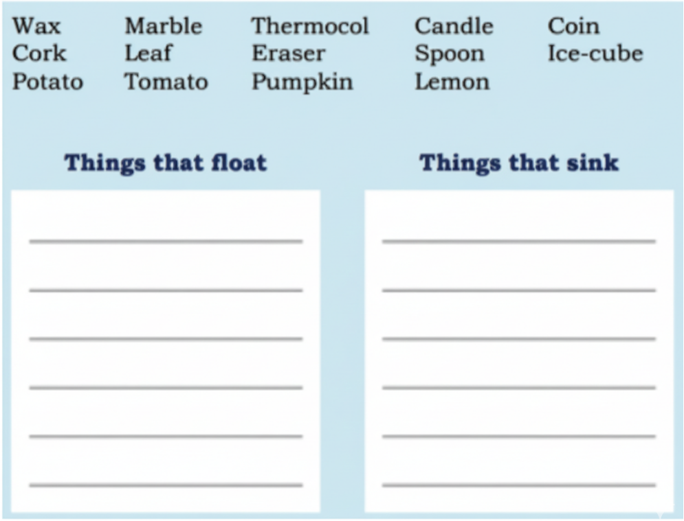 Classify the objects below based on whether they float or sink in water