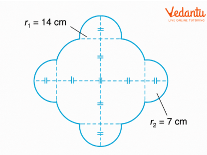 The boundary consists of four quadrants of radius 14 cm and four semicircles of radius 7 cm.