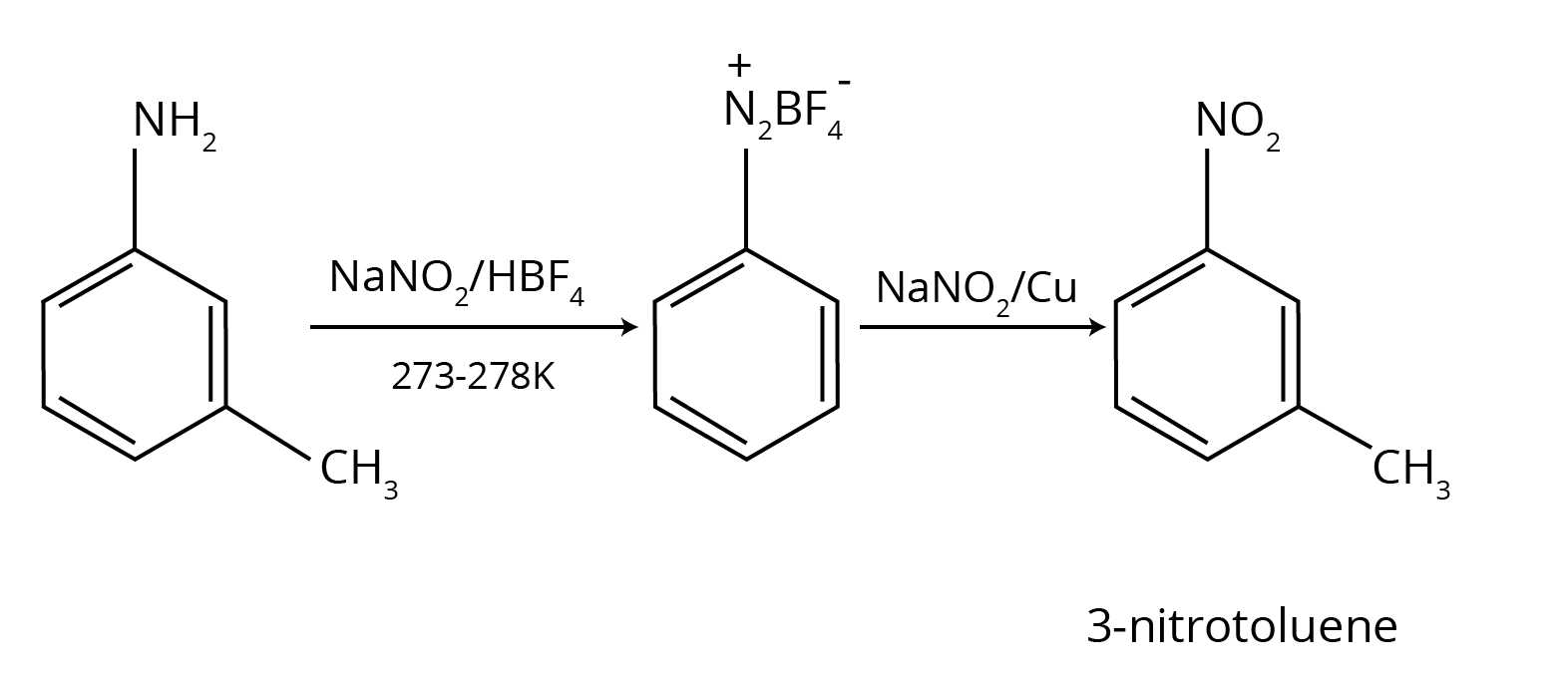 3-Methylaniline into 3-nitrotoluene