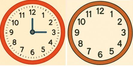 The first clock shows the starting time. Write the time that is one hour later and draw the hands on the second clock.
